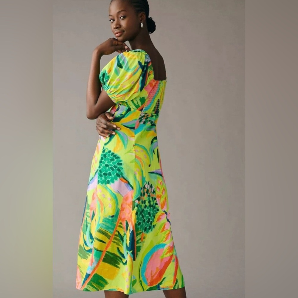 Anthropologie Farm Rio Midi Dress Puff Sleeves Green, Yellow, and Pink NWT - Picture 2 of 12